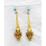 A pair of Victorian gilt metal and turquoise drop earrings, of pendant drop shape decorated with