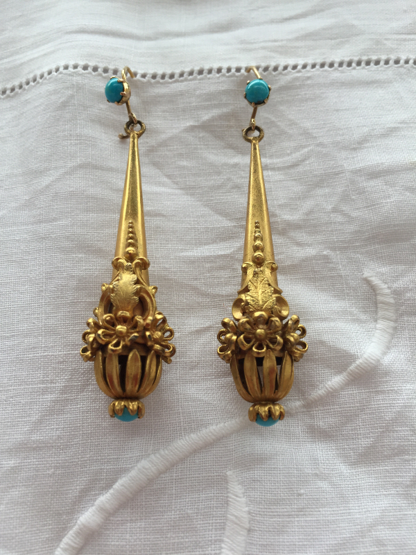 A pair of Victorian gilt metal and turquoise drop earrings, of pendant drop shape decorated with - Image 2 of 4