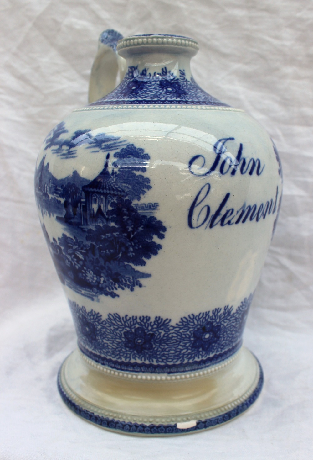 A Swansea blue and white baluster flask with a beaded top and single handle decorated with figures - Image 5 of 8