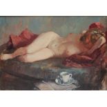 Gyrth Russell
Sleeping Model
Nude with teacup
Oil on canvas
37 x 53.5cm
Bears a label to the