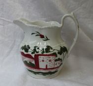 A 19th century pottery jug, decorated with a castle in a landscape within a tree and flower
