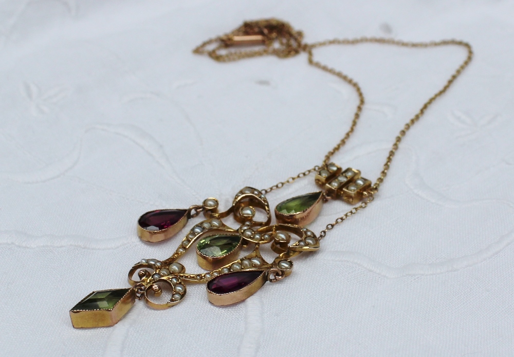 Suffragette interest - An Edwardian amethyst, seed pearl and peridot pendant, in a yellow metal - Image 3 of 4