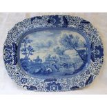 A 19th century blue and white pottery meat plate transfer decorated in the Durham Ox series pattern,