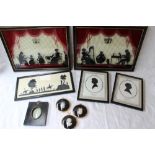 A pair of 20th century reverse printed on glass silhouettes of interior scenes, 24.5 x 34.