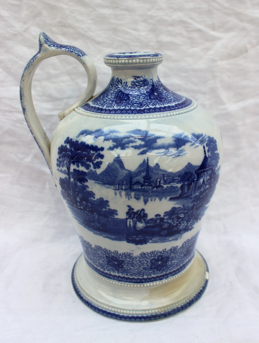 A Swansea blue and white baluster flask with a beaded top and single handle decorated with figures - Image 4 of 8