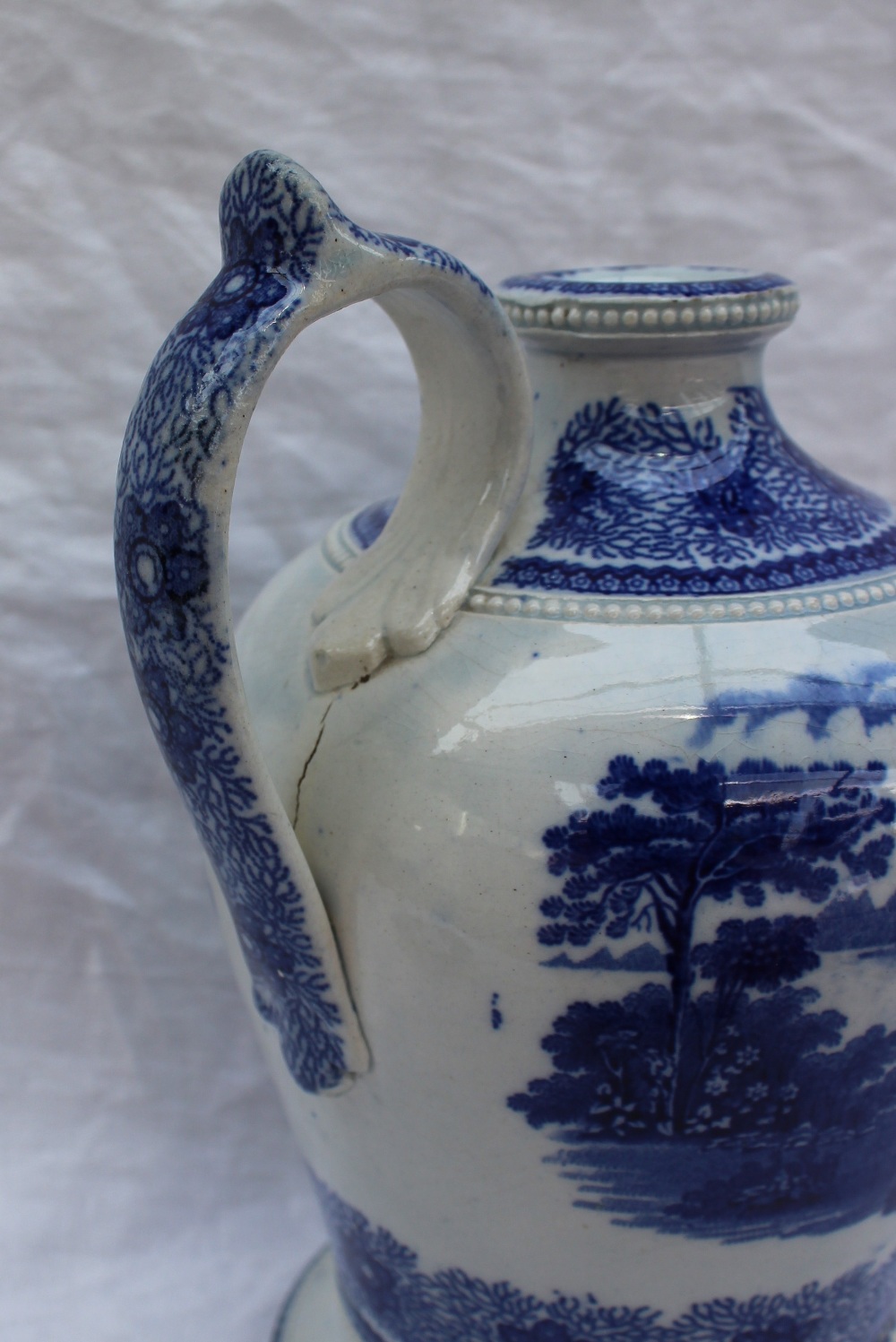 A Swansea blue and white baluster flask with a beaded top and single handle decorated with figures - Image 3 of 8