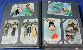 A postcard album containing circa 350 cards including scenes of Clevedon, London, Bournemouth,