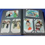 A postcard album containing circa 350 cards including scenes of Clevedon, London, Bournemouth,