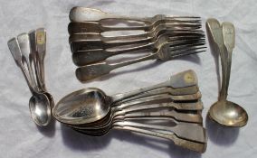 A set of six Victorian silver fiddle pattern table spoons, London, 1866, John Taylor,