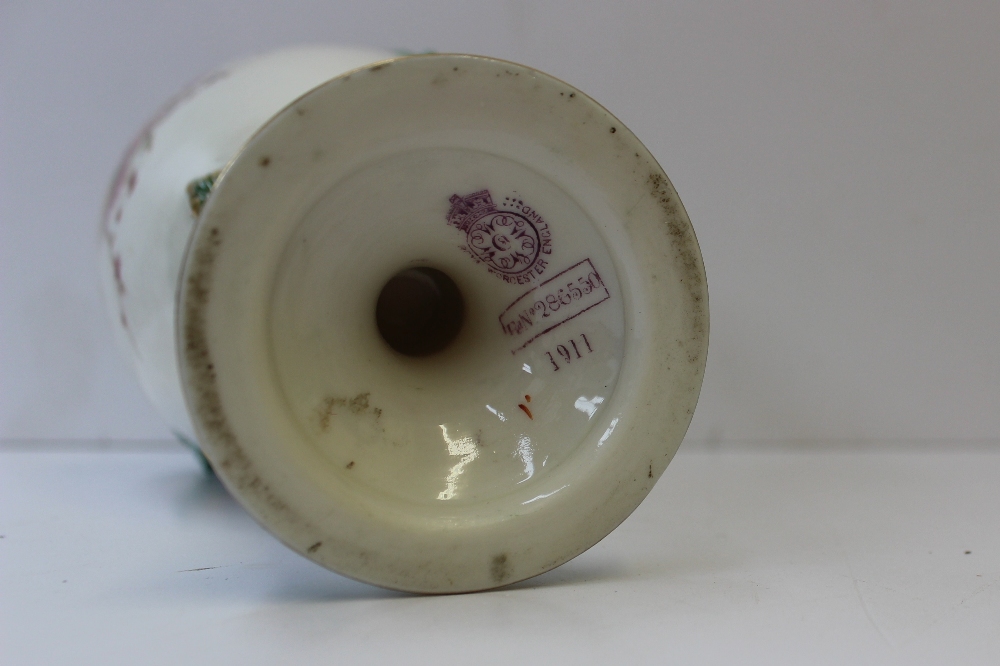 A Royal Worcester twin handled vase of ovoid shape with green ground, gilt lined fluted narrow - Image 5 of 5