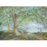 C Earle
Figures seated beneath a tree, with a rolling landscape beyond 
Watercolour
Signed
30.