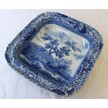 A 19th century blue and white pottery square dish, transfer decorated in the Durham Ox series