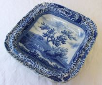 A 19th century blue and white pottery square dish, transfer decorated in the Durham Ox series