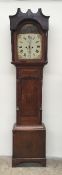 A 19th oak longcase clock, the hood with fluted columns, above a long trunk door, box base and