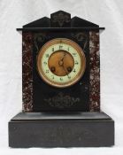 A 19th century black slate and marble mantle clock of architectural form,