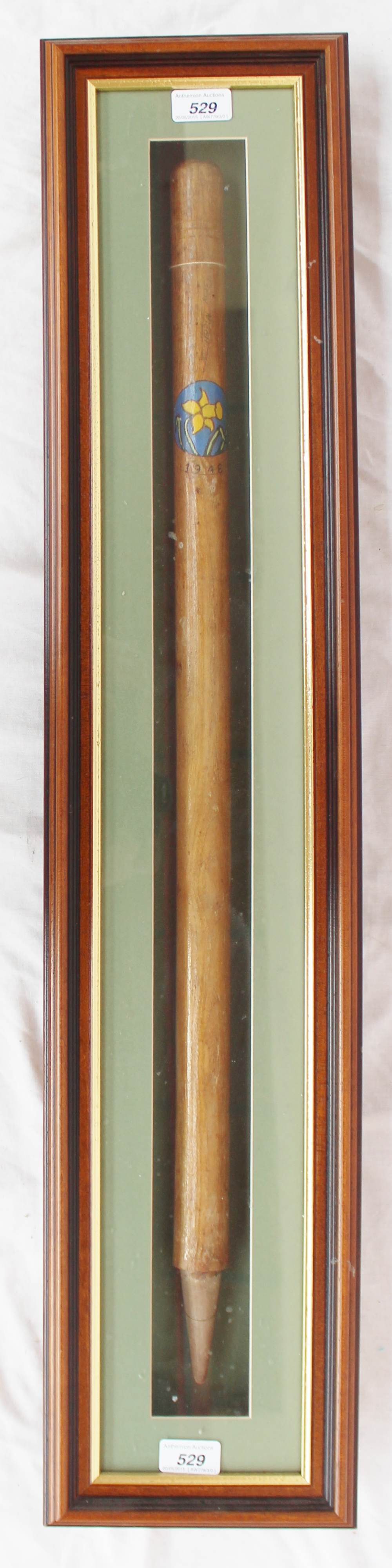 A Gray Nicolls cricket stump painted with a daffodil and dated 1948, cased
 CONDITION REPORT: From