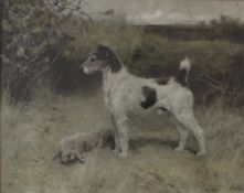 After Arthur Wardle
A terrier standing over a rabbit
A coloured print
29 x 37cm
Published by F
