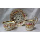 A 19th century porcelain trio, comprising  coffee cup, tea cup and saucer all painted with gilt urns