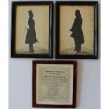 A pair of 19th century cut paper and painted silhouettes depicting a gentleman in a top hat holding