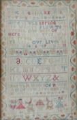 An 18th century Sampler, with a floral border, with the alphabet, a poem, figures, birds etc,