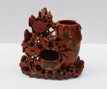 A Chinese carved soapstone brush pot and washer,