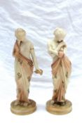 A pair of Royal Worcester figures, Love & Sorrow modelled as half naked young ladies with floral