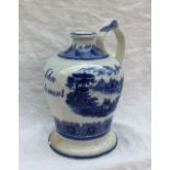A Swansea blue and white baluster flask with a beaded top and single handle decorated with figures