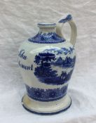 A Swansea blue and white baluster flask with a beaded top and single handle decorated with figures