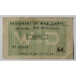 Prisoner of War camp bank note, 6d (1939-1945), serial number 974934, green, WD in white at