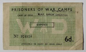 Prisoner of War camp bank note, 6d (1939-1945), serial number 974934, green, WD in white at