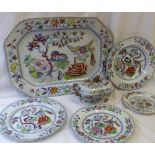 A Masons Ironstone part dinner set transfer and infil decorated with a bird of paradise amongst