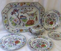 A Masons Ironstone part dinner set transfer and infil decorated with a bird of paradise amongst