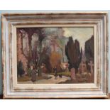 Ronald Ossory Dunlop 
A Church Path with figures and a dog
Oil on board
Signed
32.5 x 44.5cm
The