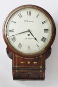 A Victorian mahogany and brass inlaid drop dial wall clock, the 30.5cm circular enamel dial with