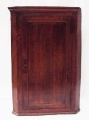 A 19th century oak hanging corner cupboard, with a moulded cornice above a panelled door,