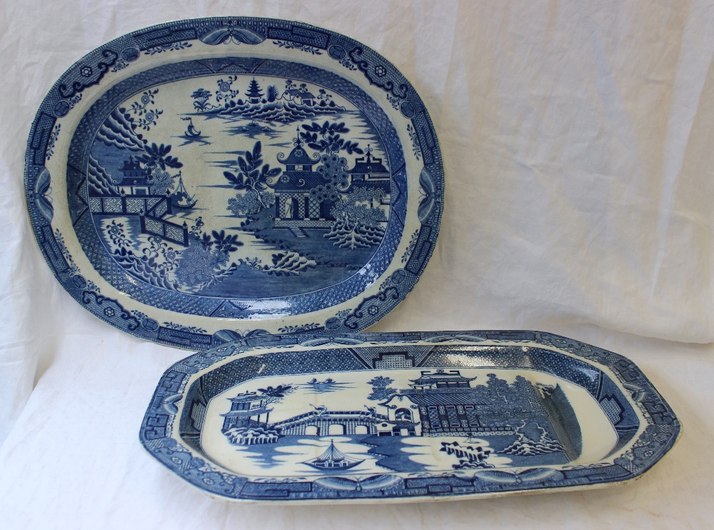 A Dillwyn & Co. pottery blue and white fish plate of rectangular form with cut corners and sauce