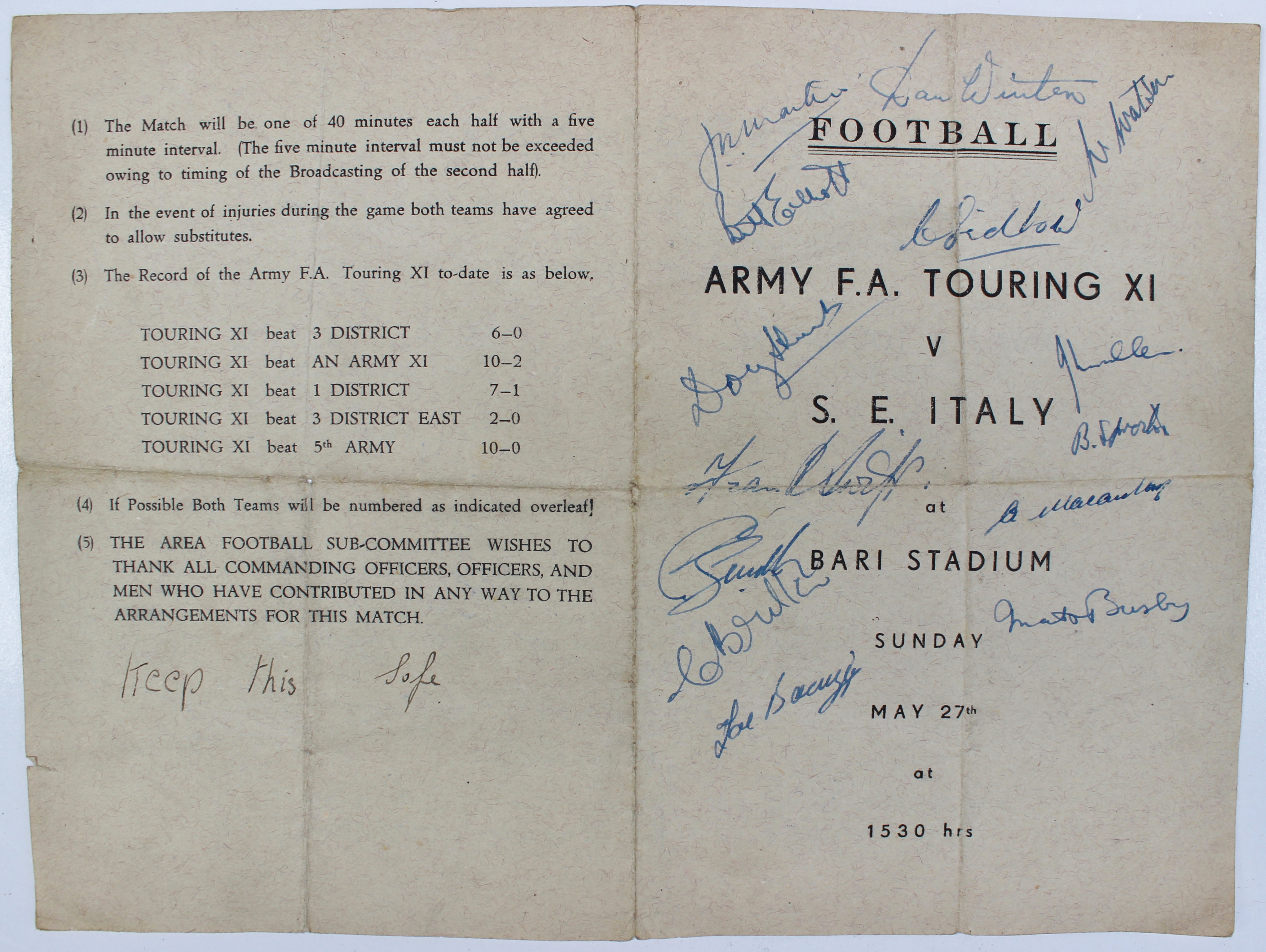 A football programme for Army F.A. touring XI v S.E.