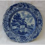 A 19th century blue and white pottery plate transfer decorated in the Durham Ox series pattern, with