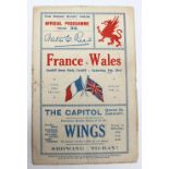 1929 - Wales v France rugby programme, played at Cardiff Arms Park,