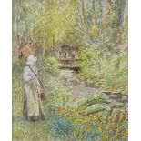 G Clausen
A figure with a hoe in a garden by a stream
Watercolour
Signed and dated 1921
19 x 16cm
