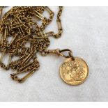 A yellow metal long chain with oval and twisted links, marked 15, approximately 54 grams,