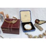 Assorted costume jewellery including a gold plated keyless wound pocket watch,