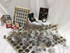 Assorted coins including crowns, an American 1921 dollar, decimal sets, pennies,