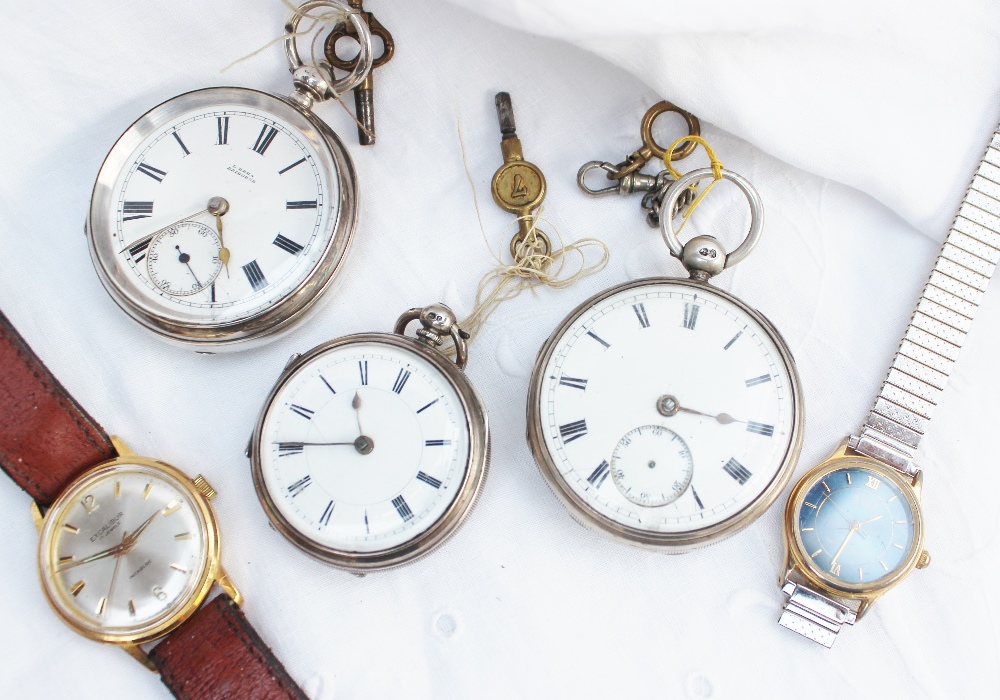 A silver open faced pocket watch together with two other silver pocket watches and two wristwatches - Image 2 of 2