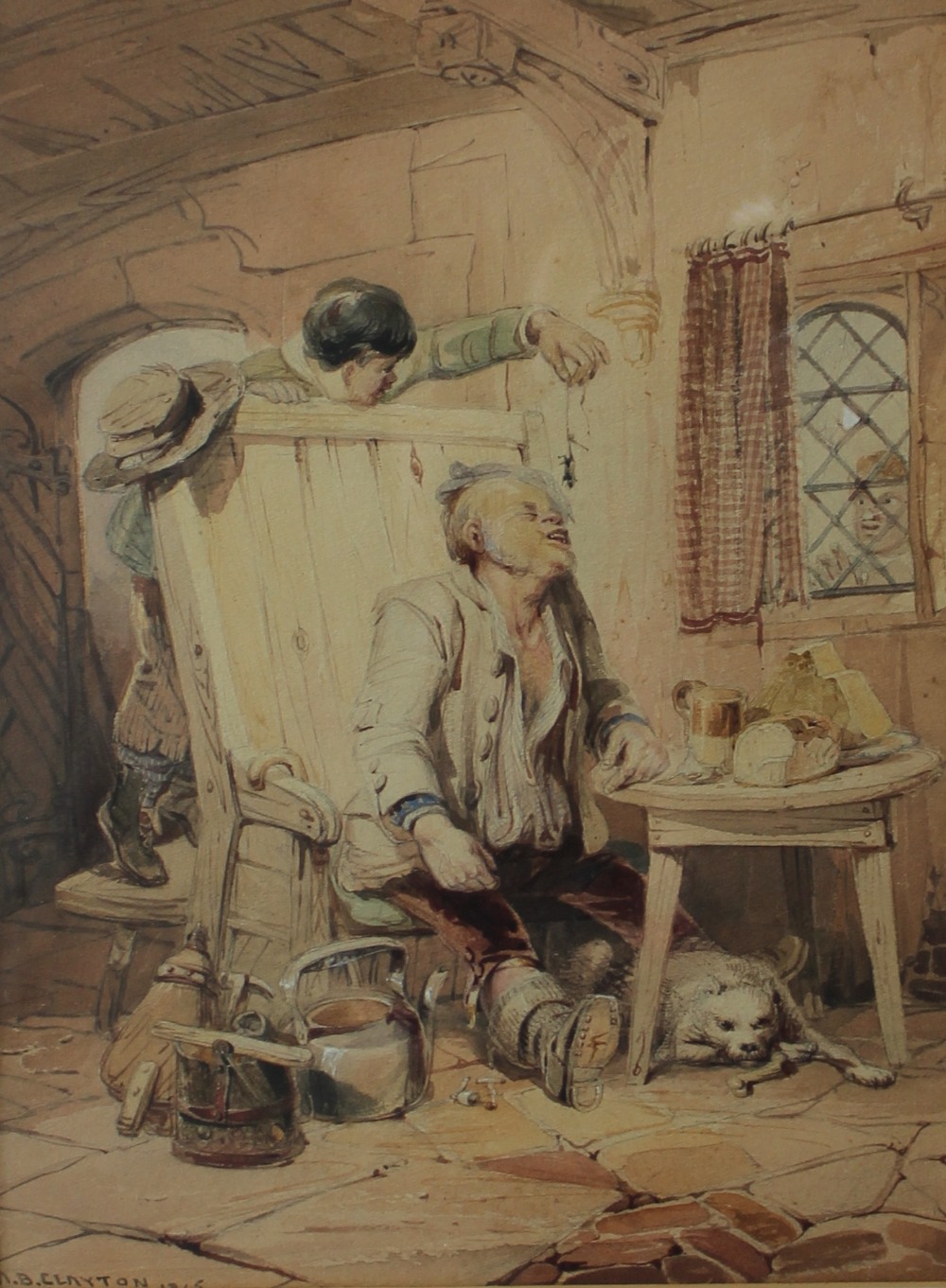 A B Clayton
A young boy dropping a mouse into a sleeping man's mouth
Watercolour
Signed and dated