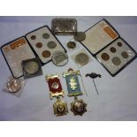Two silver gilt Royal Antediluvian Order of Buffaloes jewels together with decimal coins etc
