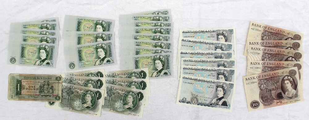 A collection of bank notes including Clydesdale bank one pound note, other one pound notes,