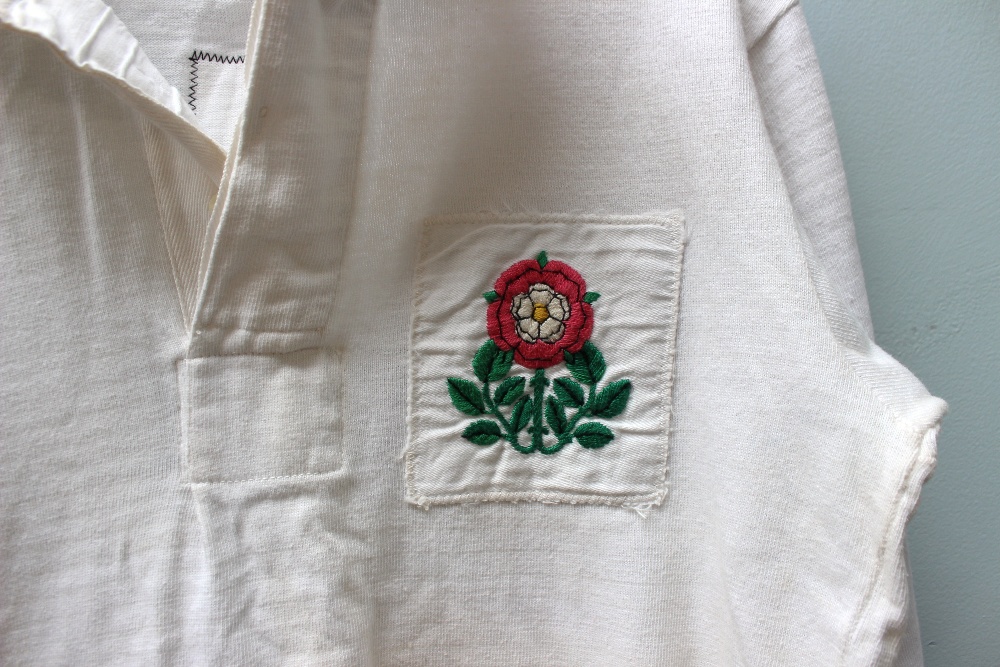 Allan Martin - A match worn white English rugby jersey, embroidered with the rose within a shield,