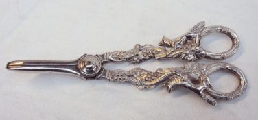 A pair of Elizabeth II silver grape scissors with fox & vine handles, by Roberts & Belk,