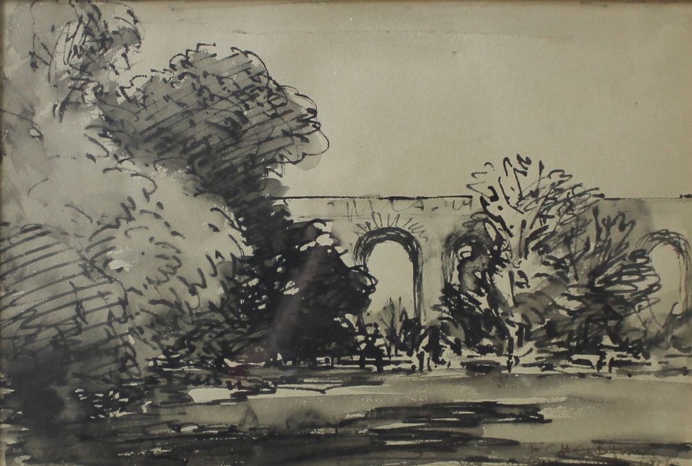 20th Century British School
Viaduct and landscape
Watercolour
Inscribed To CHC Byron Xmas 1916
18.